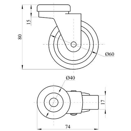 Nábytkové  koliesko 1-0330-60 pogumované s trňom Nábytkové  koliesko 1-0330-60 pogumované s trňom