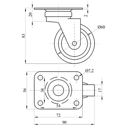 Nábytkové  koliesko fi60 pogumované s platničkou na ložisku