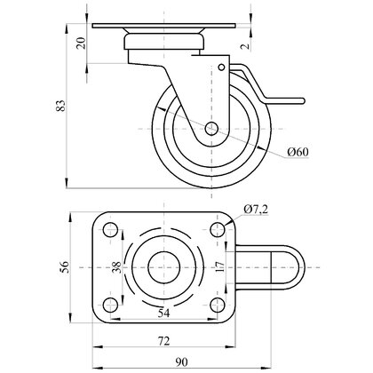 Nábytkové  koliesko fi60 pogumované s platničkou na ložisku