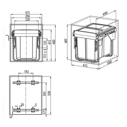 Kôš na odpadky s tlmením 2 X 20L do 450mm, s uchyt.na čelo, sivý, /Gt