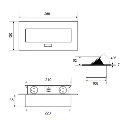 Stolová vyklápacia 2x 230V+ 2x USB s káblom 2m