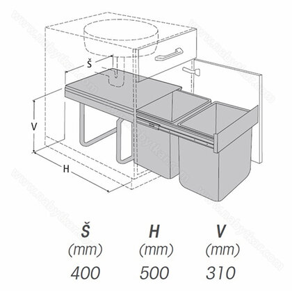 Kôš na odpadky WIRELI s tlm. 2 X 15L do 450mm, bez uch.na čelo,395x490x312mm, sivý /LC