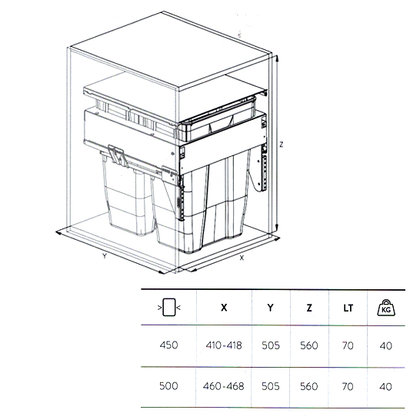 Odpadkový kôš 571, pre šírku: 450mm, s tlmením a uchytením na dvierka, 414x500x560,70l, sivý / SIGE
