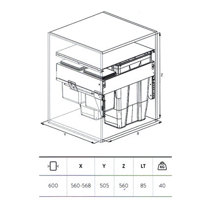 Odpadkový kôš 573, pre šírku: 600mm, s tlmením a uchytením na dvierka, 564x500x560,85l, sivý / SIGE