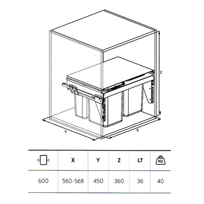 Odpadkový kôš 575, pre šírku: 600mm, s tlmením a uchytením na dvierka, 500x400x405,39l, sivý / SIGE