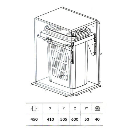 Kôš na bielizeň 590, pre šírku: 450mm, s tlm. a uch.414x500x600,53l, biely / SIGE