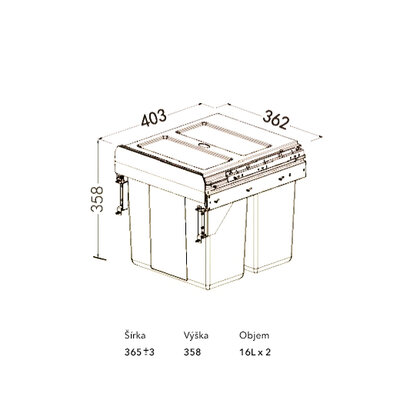 Kôš na odpadky IR432, 16+16l, doťah a uch.na dvierka,do 400mm (362-368x403x358) sivý /Iron Line