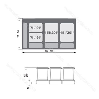 Kôš na odpadky PRAKTIKO do zásuvky šírky 90cm, 2x15 + 2x7 l, sivý / Rejs Kôš na odpadky PRAKTIKO do zásuvky šírky 90cm, 2x15 + 2x7 l, sivý / Rejs