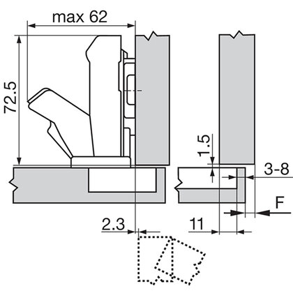 Záves CLIP TOP 155° naložený 70T7550.TL bez pružiny, pre roh.skrinku, (H0-3D) /Blum