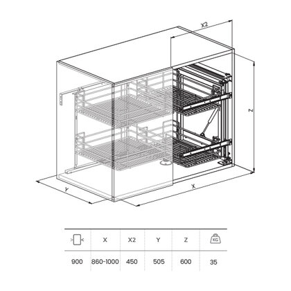 Rohový Systém 350i  INFINITY LINE pre korpus 900mm, chróm / SIGE