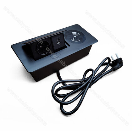 Stolová vyklápacia 1x 230V +2x USB-A+ bezdrôtová nabíjačka, čierna mat. s káblom 2 m