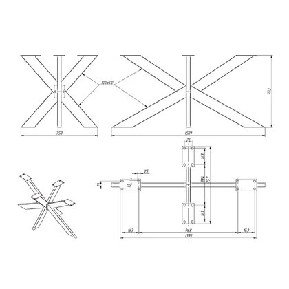 Stolová podnož 2X ,v:703x1501, čierny mat 
