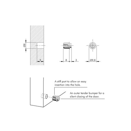 Tlmič dvierok Fi 8mm,na zavŕtanie, antracit  / IT ( bal:100 ks)