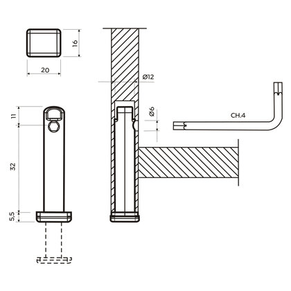 Rekt. noha Art.306 d.12mm x 32mm + 18mm 150kg