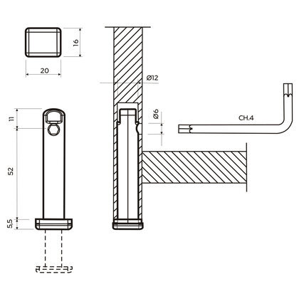 Rekt. noha Art.306 d.12mm x 52mm + 18mm 150kg