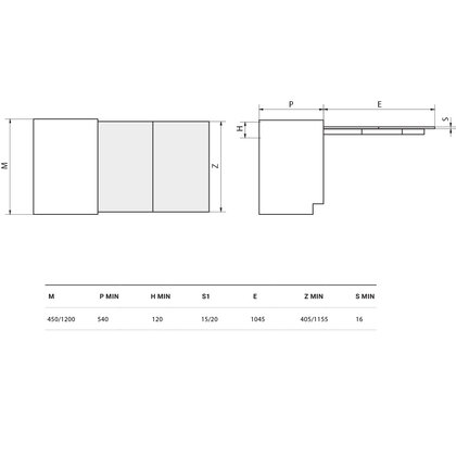 Zásuvkový výsuvný stolový mechanizmus s krytkami LUNCH REVERSE pre šírku skrinky 450/1200 mm