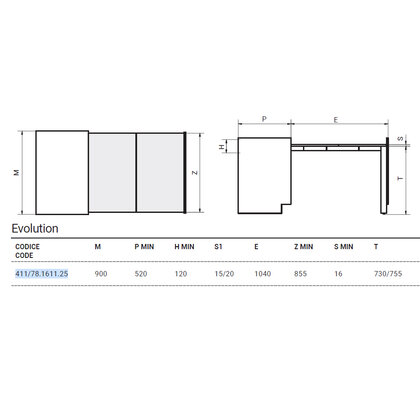 Výs. stolový mech. s krytkami EVOLUTION na pred. dvierka skrinky 900 mm , dl:1040 mm