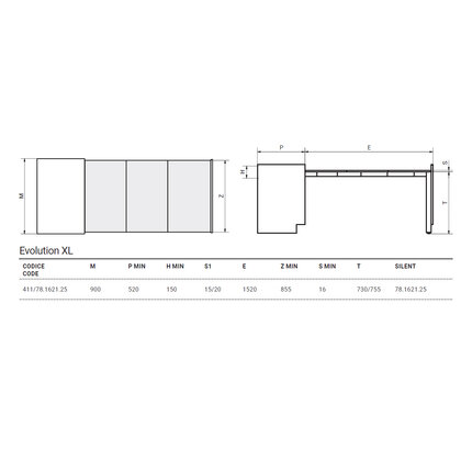 Výs. stolový mech. s krytkami EVOLUTION XL na pred. dvierka skrinky 900 mm , dl:1520 mm