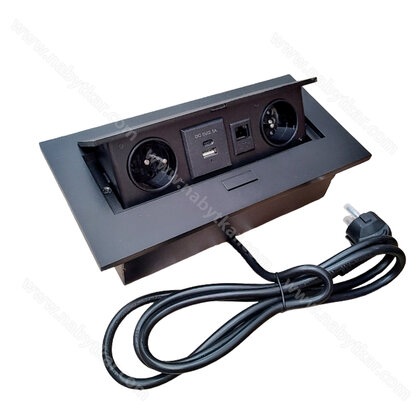 Stolová vyklápacia 2x 230V +1x USB+ RJ45 na internet,  čierna mat. s káblom 2m