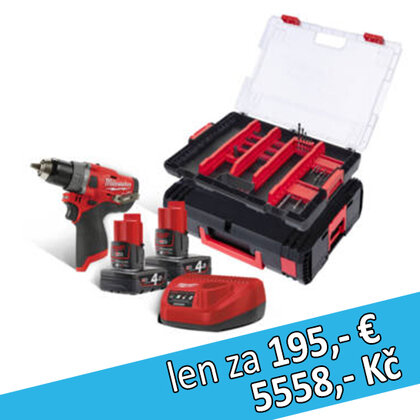 Kompaktný dvojrýchlostný vŕtací skrutkovač, baterka 2x 4Ah, nabíjačka, stohovateľný kufor + kufor